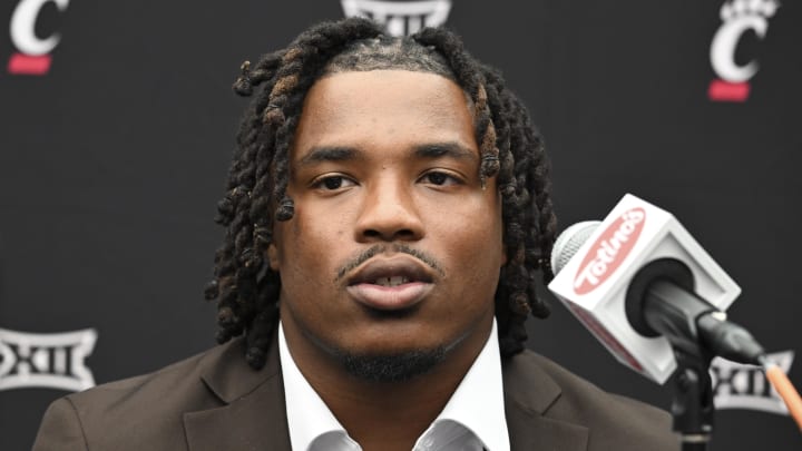 Jul 9, 2024; Las Vegas, NV, USA; Cincinnati running back Corey Kiner speaks to the media during the Big 12 Media Days at Allegiant Stadium. Mandatory Credit: Candice Ward-USA TODAY Sports