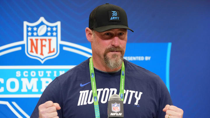 Feb 25, 2025; Indianapolis, IN, USA; Detroit Lions coach Dan Campbell speaks during the NFL Scouting Combine at the Indiana Convention Center. Mandatory Credit: Kirby Lee-Imagn Images Feb 25, 2025; Indianapolis, IN, USA; Detroit Lions coach Dan Campbell speaks during the NFL Scouting Combine at the Indiana Convention Center. Mandatory Credit: Kirby Lee-Imagn Images