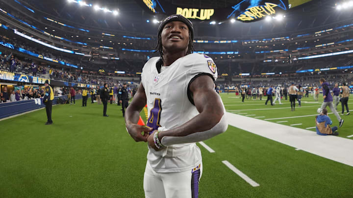 Nov 25, 2024; Inglewood, California, USA; Baltimore Ravens wide receiver Zay Flowers (4) reacts after the game against the Los Angeles Chargers at SoFi Stadium. Mandatory Credit: Kirby Lee-Imagn Images
