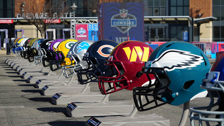 Feb 28, 2024; Indianapolis, IN, USA; A general view of large Philadelphia Eagles, Washington Commanders and Chicago Bears helmets at the NFL Scouting Combine Experience at Lucas Oil Stadium. Mandatory Credit: Kirby Lee-Imagn Images