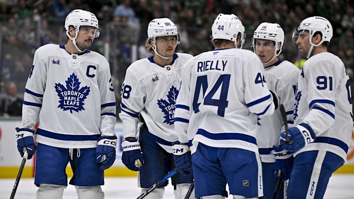 Dec 18, 2024; Dallas, Texas, USA; Toronto Maple Leafs center John Tavares (91) and right wing William Nylander (88) and defenseman Morgan Rielly (44) and center Auston Matthews (34) and right wing Mitch Marner (16) prepare to go on the power play against the Dallas Stars during the first period at the American Airlines Center. Mandatory Credit: Jerome Miron-Imagn Images