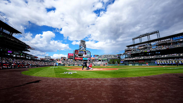 Sep 21, 2025; Denver, Colorado, USA; General view of the first inning between the Los Angeles Angels against the Colorado Rockies at Coors Field.