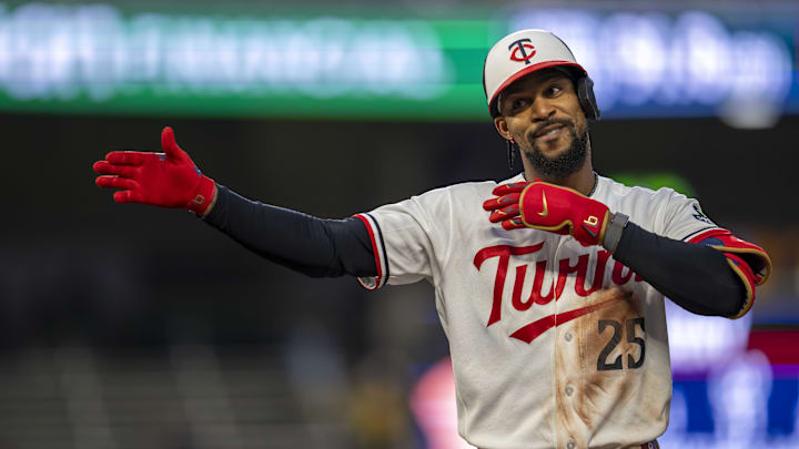 Apr 14, 2026; Minneapolis, Minnesota, USA; Minnesota Twins center fielder Byron Buxton (25) celebrates hitting a single against the Boston Red Sox in the fourth inning at Target Field. Mandatory Credit: Jesse Johnson-Imagn Images
