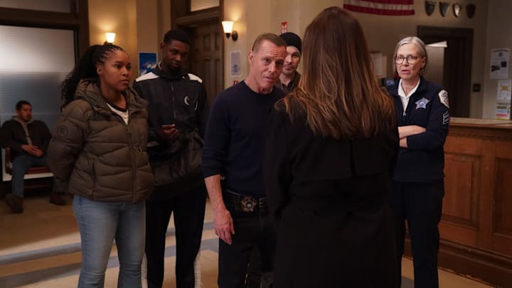 CHICAGO P.D. -- "Name Image Likeness" Episode 12019 -- Pictured: (l-r) Toya Turner as Kiana Cook, Myles Alexander Evans as Damone, Jason Beghe as Hank Voight, Patrick John Flueger as Officer Adam Ruzek, Amy Morton as Desk Sgt. Trudy Platt -- (Photo by: Elizabeth Sisson/NBC)
