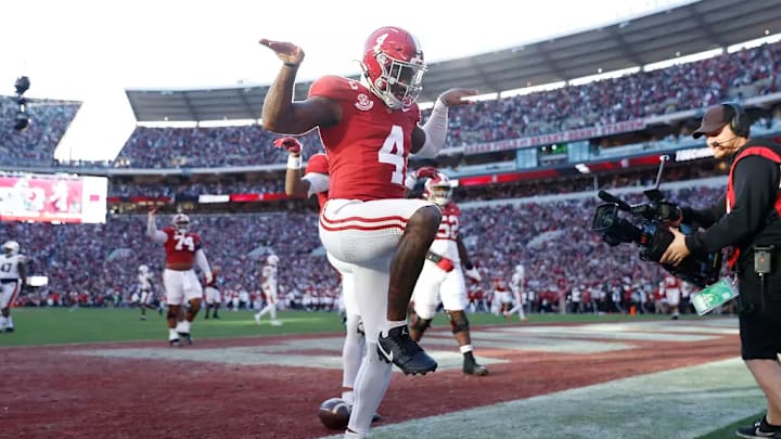 Alabama Quarterback Jalen Milroe (4) celebrates at Bryant-Denny Stadium in Tuscaloosa, AL on Saturday, Nov 30, 2024. Alabama Quarterback Jalen Milroe (4) celebrates at Bryant-Denny Stadium in Tuscaloosa, AL on Saturday, Nov 30, 2024.