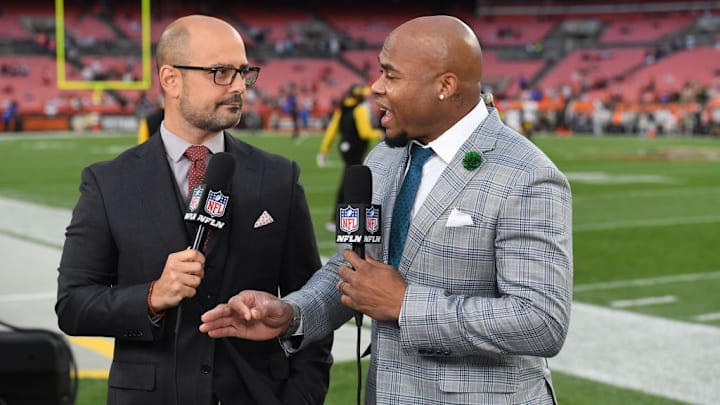 CLEVELAND, OHIO - SEPTEMBER 22: Mike Garafolo and Steve Smith of NFL network talk prior to a game between the Cleveland Browns and the Pittsburgh Steelers at FirstEnergy Stadium on September 22, 2022 in Cleveland, Ohio.