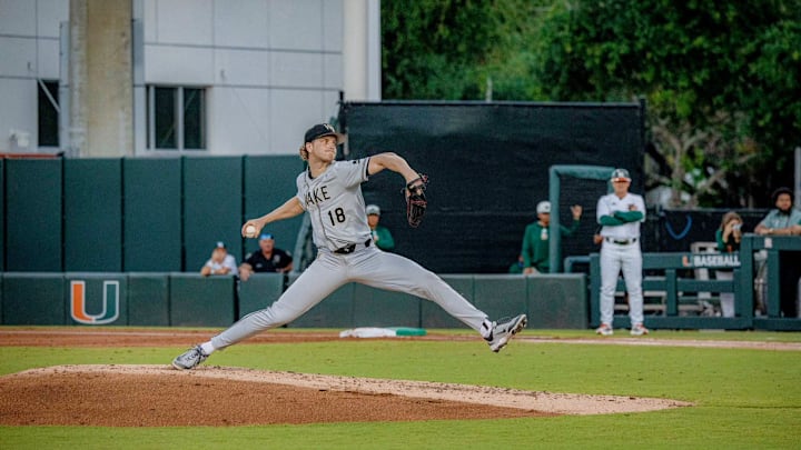 Wake Forest pitcher Chris Levonas on the mound against Miami Wake Forest pitcher Chris Levonas on the mound against Miami