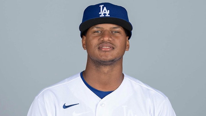 Mar 1, 2021; Glendale, AZ, USA; Los Angeles Dodgers  Robinson Ortiz (97) poses during media day at Camelback Ranch. Mandatory Credit: MLB Photos via Imagn Images