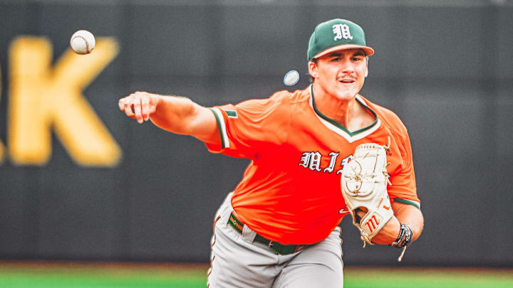 Miami Hurricanes freshman starter AJ Ciscar throwing against the Alabama Crimson Tide in the Hattiesburg Regional.