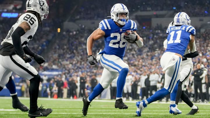 Indianapolis Colts running back Jonathan Taylor (28) rushes for a touchdown Sunday, Dec. 31, 2023, during a game against the Las Vegas Raiders at Lucas Oil Stadium in Indianapolis.