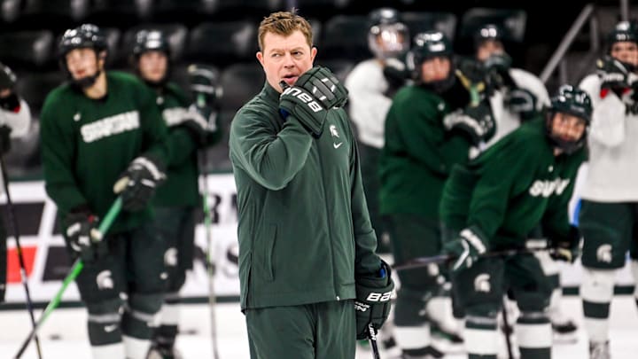 Michigan State's head coach Adam Nightingale looks on in practice during hockey media day on Wednesday, Sept. 27, 2023, at Munn Arena in East Lansing.