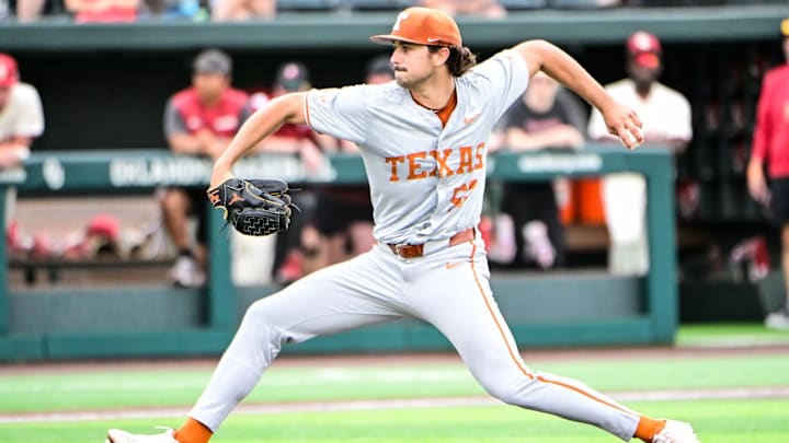 Texas Longhorns pitcher Luke Harrison delivers a pitch against the Oklahoma Sooners.