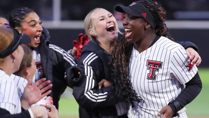 Texas Tech's NiJaree Canady celebrates with teammates after receiving a golden ticket to the 2026 AUSL draft, Friday, March 27, 2026, at Tracy Sellers Field.