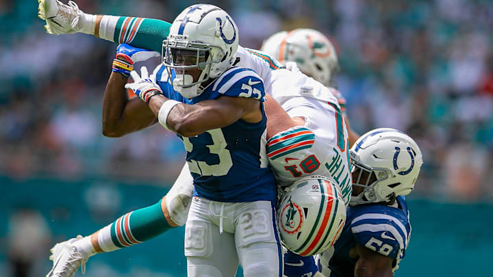 Miami Dolphins Miami Dolphins tight end Durham Smythe (81), is upended by Indianapolis Colts strong safety Andrew Sendejo during NFL game at Hard Rock Stadium Sunday in Miami Gardens.