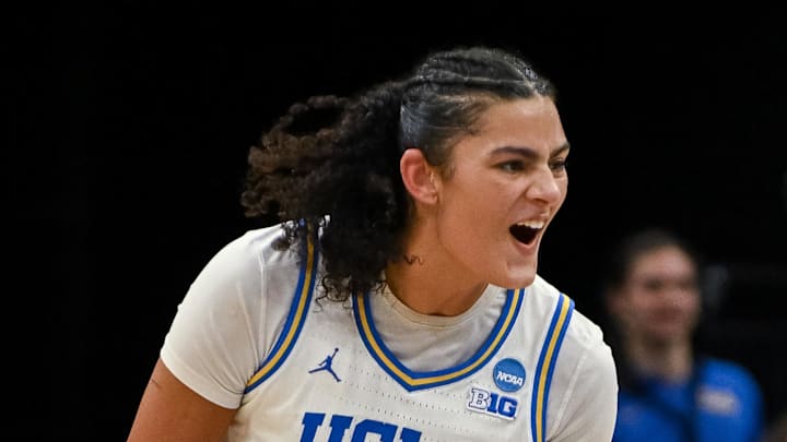 Mar 29, 2026; Sacramento, CA, USA; UCLA Bruins center Lauren Betts (51) celebrates after scoring against the Duke Blue Devils in an Elite Eight game in the Sacramento Regional 4 of the women's 2026 NCAA Tournament at the Golden 1 Center. Mandatory Credit: Ed Szczepanski-Imagn Images