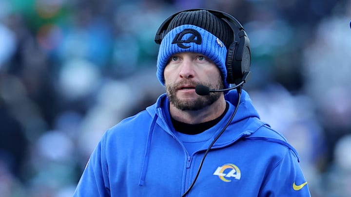 Dec 22, 2024; East Rutherford, New Jersey, USA; Los Angeles Rams head coach Sean McVay coaches against the New York Jets during the second quarter at MetLife Stadium. Mandatory Credit: Brad Penner-Imagn Images