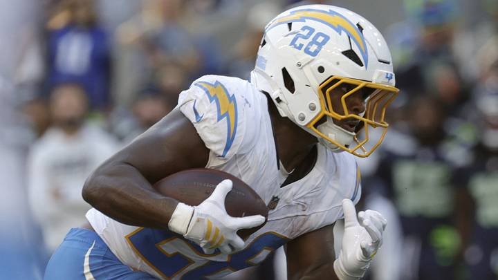 Los Angeles Chargers running back Kimani Vidal (28) runs in for a touchdown against the Seattle Seahawks during the second half at Lumen Field. Mandatory Credit: Joe Nicholson-Imagn Images Los Angeles Chargers running back Kimani Vidal (28) runs in for a touchdown against the Seattle Seahawks during the second half at Lumen Field. Mandatory Credit: Joe Nicholson-Imagn Images