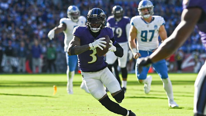 Oct 22, 2023; Baltimore, Maryland, USA;  Baltimore Ravens wide receiver Odell Beckham Jr. (3) runs
