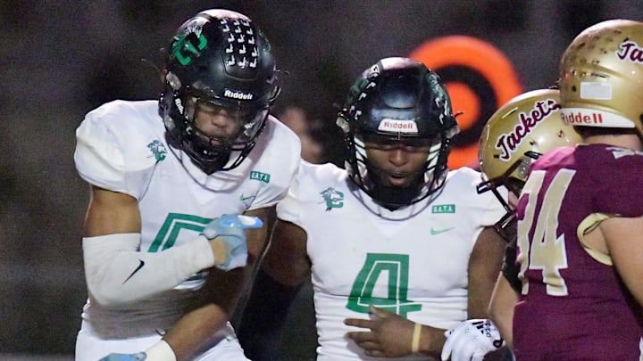 Choctawhatchee Indians' Ellis Alloway (9) celebrates after his tackle on St. Augustine's Trenton Jones (1) on a first quarter kickoff return. The Choctawhatchee Indians traveled to Saint Augustine High School to take on the Yellow Jackets in the FHSAA Region 1-3A High School Football Finals Friday, November 24, 2023. The Yellow Jackets led 21 to 17 at the half.