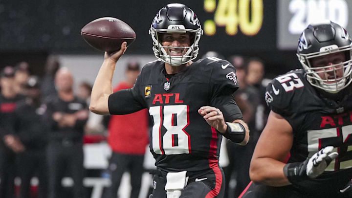 Sep 8, 2024; Atlanta, Georgia, USA; Atlanta Falcons quarterback Kirk Cousins (18) passes against the Pittsburgh Steelers during the first quarter at Mercedes-Benz Stadium. Mandatory Credit: Dale Zanine-Imagn Images