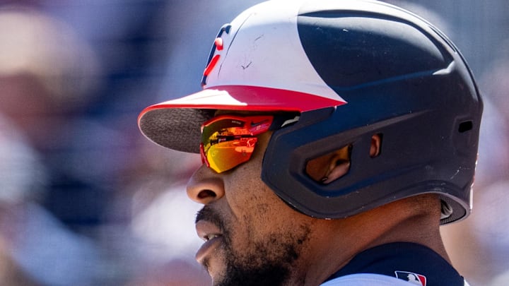 Apr 6, 2024; Minneapolis, Minnesota, USA; Minnesota Twins center fielder Byron Buxton (25) warms up