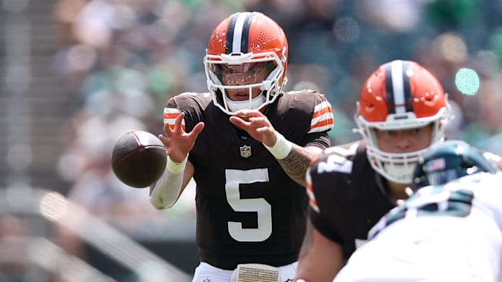 Aug 16, 2025; Philadelphia, Pennsylvania, USA; Cleveland Browns quarterback Dillon Gabriel (5) snaps the ball against the Philadelphia Eagles during the first quarter at Lincoln Financial Field. Mandatory Credit: Bill Streicher-Imagn Images
