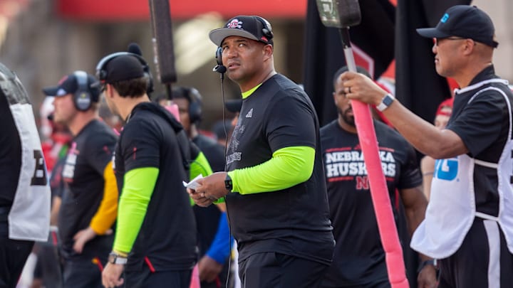 Nebraska defensive coordinator Tony White looks up at the scoreboard between plays during the second quarter against Rutgers.