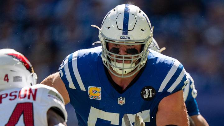 Indianapolis Colts guard Quenton Nelson (56) lead blocks for Colts running back Jonathan Taylor (28) on Sunday, Oct. 12, 2025, against the Arizona Cardinals at Lucas Oil Stadium in Indianapolis.
