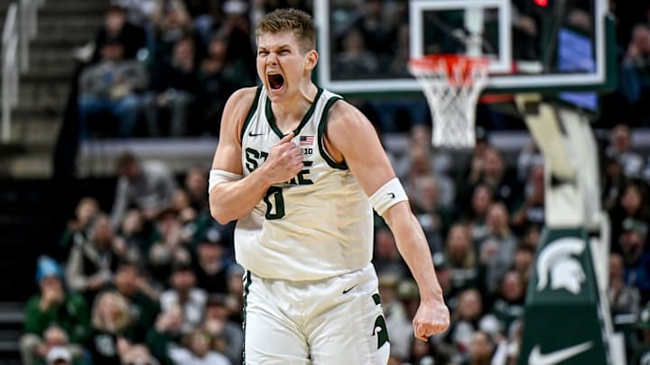 Michigan State's Jaxon Kohler celebrates after a 3-pointer against Cornell during the second half on Monday, Dec. 29, 2025, at the Breslin Center in East Lansing.