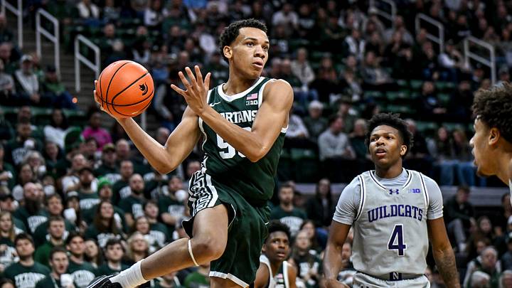 Michigan State's Divine Ugochukwu passes the ball against Northwestern during the first half on Thursday, Jan. 8, 2026, at the Breslin Center in East Lansing.