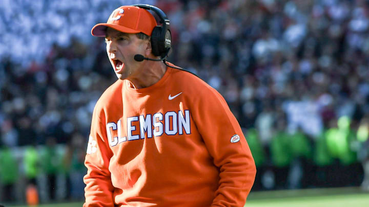 Nov 30, 2024; Clemson, South Carolina, USA; Clemson head coach Dabo Swinney during the fourth quarter at Memorial Stadium. Mandatory Credit: Ken Ruinard-Imagn Images