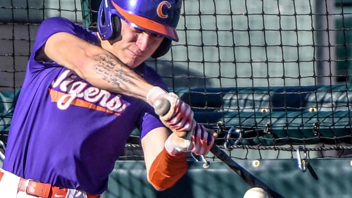 Clemson sophomore Cam Cannarella (10) bats during practice at Doug Kingsmore Stadium in Clemson, S.C. Tuesday, February 13, 2024.
