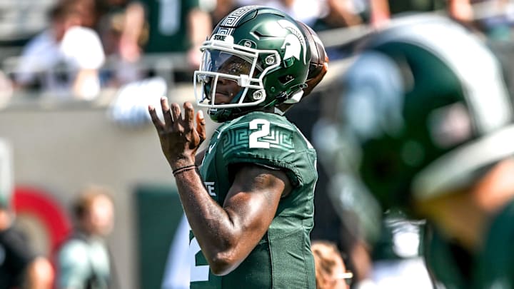 Michigan State's Aidan Chiles throws a pass before the football game against Prairie View A&M on Saturday, Sept. 14, 2024, at Spartan Stadium in East Lansing.