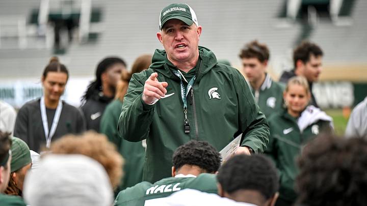 Michigan State's head coach Pat Fitzgerald addresses the team at the end of the football Spring Showcase on Saturday, April 18, 2026, at Spartan Stadium in East Lansing. Michigan State's head coach Pat Fitzgerald addresses the team at the end of the football Spring Showcase on Saturday, April 18, 2026, at Spartan Stadium in East Lansing.