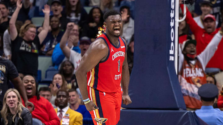 Nov 20, 2023; New Orleans, Louisiana, USA;  New Orleans Pelicans forward Zion Williamson (1) reacts to dunking the ball against the Sacramento Kings during the second half at the Smoothie King Center. 