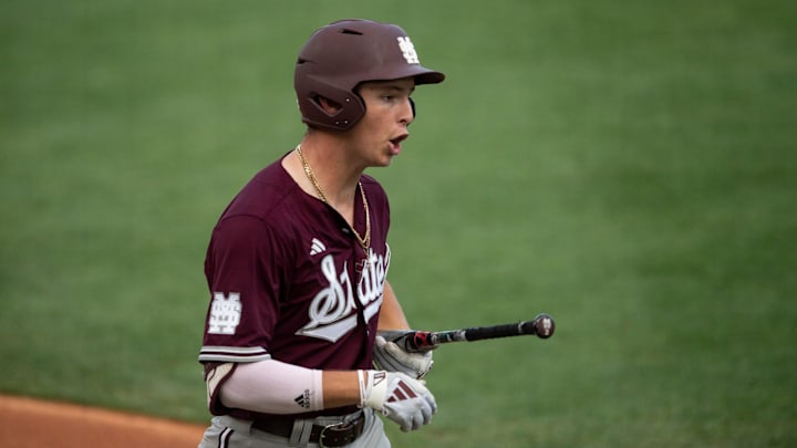 Mississippi State Bulldogs' Ace Reese (3) complains after getting stuck out as Auburn Tigers baseball takes on Mississippi State Bulldogs at Plainsman Park in Auburn, Ala., on Friday, April 25, 2025. Mississippi State Bulldogs' Ace Reese (3) complains after getting stuck out as Auburn Tigers baseball takes on Mississippi State Bulldogs at Plainsman Park in Auburn, Ala., on Friday, April 25, 2025.