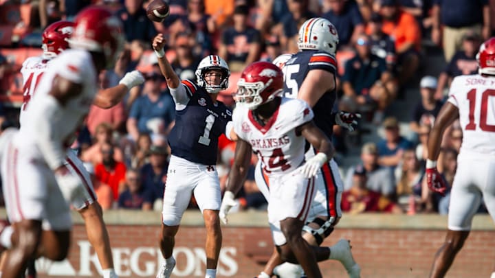Auburn Tigers quarterback Payton Thorne (1) throws the ball as Auburn Tigers take on Arkansas Razorbacks at Jordan-Hare Stadium in Auburn, Ala., on Saturday, Sept. 21, 2024. Arkansas Razorbacks defeated Auburn Tigers 24-14. Auburn Tigers quarterback Payton Thorne (1) throws the ball as Auburn Tigers take on Arkansas Razorbacks at Jordan-Hare Stadium in Auburn, Ala., on Saturday, Sept. 21, 2024. Arkansas Razorbacks defeated Auburn Tigers 24-14.