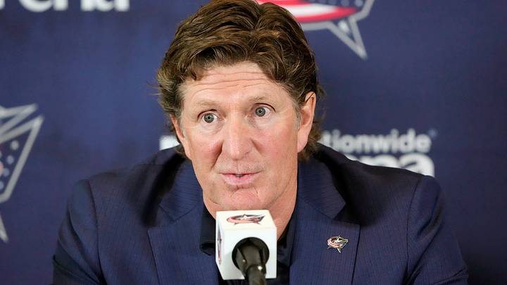 Jul 1, 2023; Columbus, OH, USA; New Columbus Blue Jackets head coach Mike Babcock speaks to the media after being named the ninth Blue Jackets head coach during a press conference at Nationwide Arena. Mandatory Credit: Kyle Robertson-USA TODAY NETWORK Jul 1, 2023; Columbus, OH, USA; New Columbus Blue Jackets head coach Mike Babcock speaks to the media after being named the ninth Blue Jackets head coach during a press conference at Nationwide Arena. Mandatory Credit: Kyle Robertson-USA TODAY NETWORK