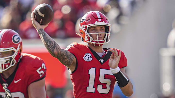 Oct 5, 2024; Athens, Georgia, USA; Georgia Bulldogs quarterback Carson Beck (15) passes against the Auburn Tigers during the first half at Sanford Stadium. Mandatory Credit: Dale Zanine-Imagn Images