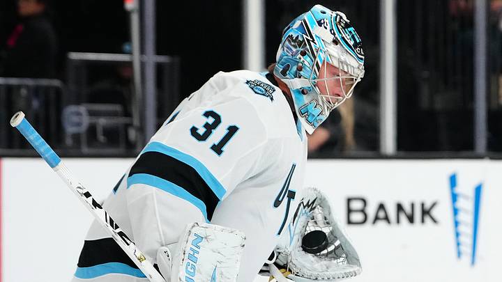Sep 27, 2024; Las Vegas, Nevada, USA; Utah Hockey Club goaltender Matt Villalta (31) warms up before the start of a game against the Vegas Golden Knights at T-Mobile Arena. Mandatory Credit: Stephen R. Sylvanie-Imagn Images
