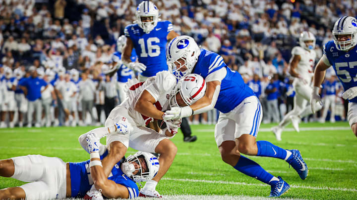 BYU linebacker Jack Kelly and Faletau Satuala force a safety against Stanford