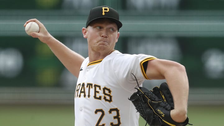 Sep 26, 2024; Pittsburgh, Pennsylvania, USA; Pittsburgh Pirates starting pitcher Mitch Keller (23) delivers a pitch  against the Milwaukee Brewers during the first inning at PNC Park. Mandatory Credit: Charles LeClaire-Imagn Images
