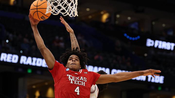 Mar 22, 2026; Tampa, FL, USA; Texas Tech Red Raiders guard Christian Anderson (4) goes to the basket against the Alabama Crimson Tide in the second half during a second round game of the men's 2026 NCAA Tournament at Benchmark International Arena. Mandatory Credit: Matt Pendleton-Imagn Images