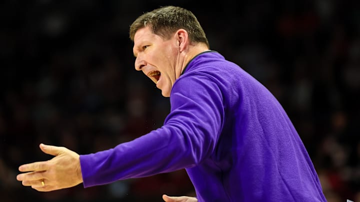 Dec 17, 2024; Columbia, South Carolina, USA; Clemson Tigers head coach Brad Brownell directs his team against the South Carolina Gamecocks in the first half at Colonial Life Arena. 