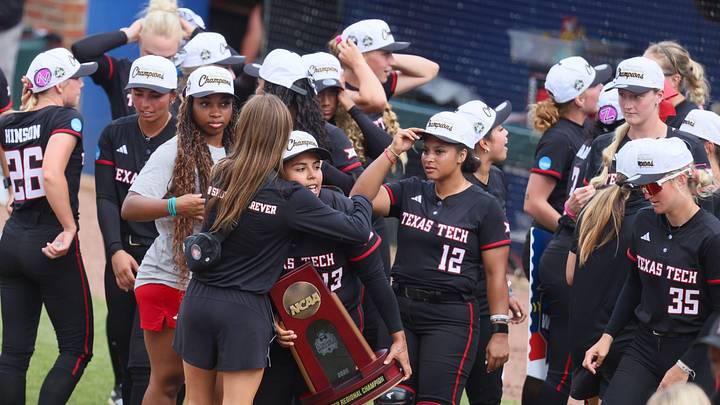 Texas Tech celebrates their 16-7 won over Florida during game 3 of the super regional of the NCAA Division 1 softball championship at Katie Seashole Pressly Stadium in Gainesville, FL on Sunday, May 24, 2026. [Alan Youngblood/Gainesville Sun]