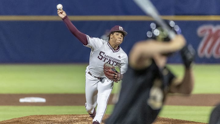 Mississippi State pitcher Jurrangelo Cijntje throws during an SEC tournament game against Vanderbilt on May 23, 2024, at Hoover Metropolitan Stadium.
