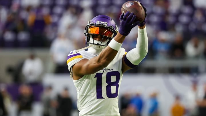 Dec 24, 2023; Minneapolis, Minnesota, USA; Minnesota Vikings wide receiver Justin Jefferson (18) warms up before the game against the Detroit Lions at U.S. Bank Stadium. Mandatory Credit: Matt Krohn-USA TODAY Sports