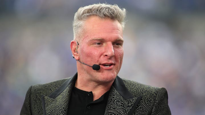 ESPN analyst Pat McAfee broadcasts live from the sidelines of Acrisure Stadium in Pittsburgh, PA prior to the start of the Pittsburgh Panthers vs Notre Dame Fighting Irish game on November 15, 2025.