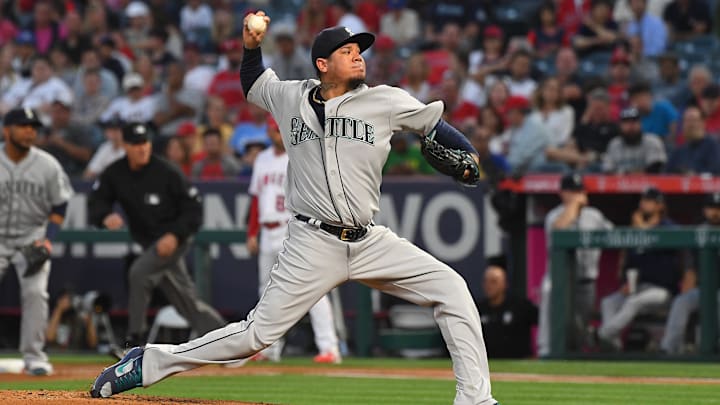 Seattle Mariners starting pitcher Felix Hernandez throws against the Los Angeles Angels on April 18, 2019, at Angel Stadium.