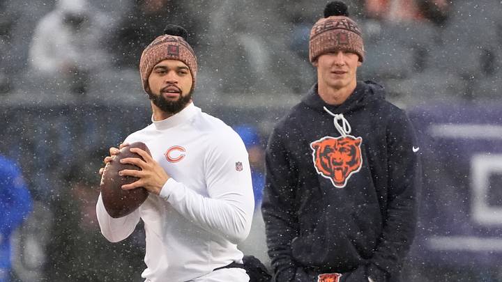 Chicago Bears quarterback Caleb Williams (18) warms up while quarterback Tyson Bagent (17) looks on before an NFC Divisional Round game against the Los Angeles Rams at Soldier Field. Mandatory Credit: David Banks-Imagn Images Chicago Bears quarterback Caleb Williams (18) warms up while quarterback Tyson Bagent (17) looks on before an NFC Divisional Round game against the Los Angeles Rams at Soldier Field. Mandatory Credit: David Banks-Imagn Images